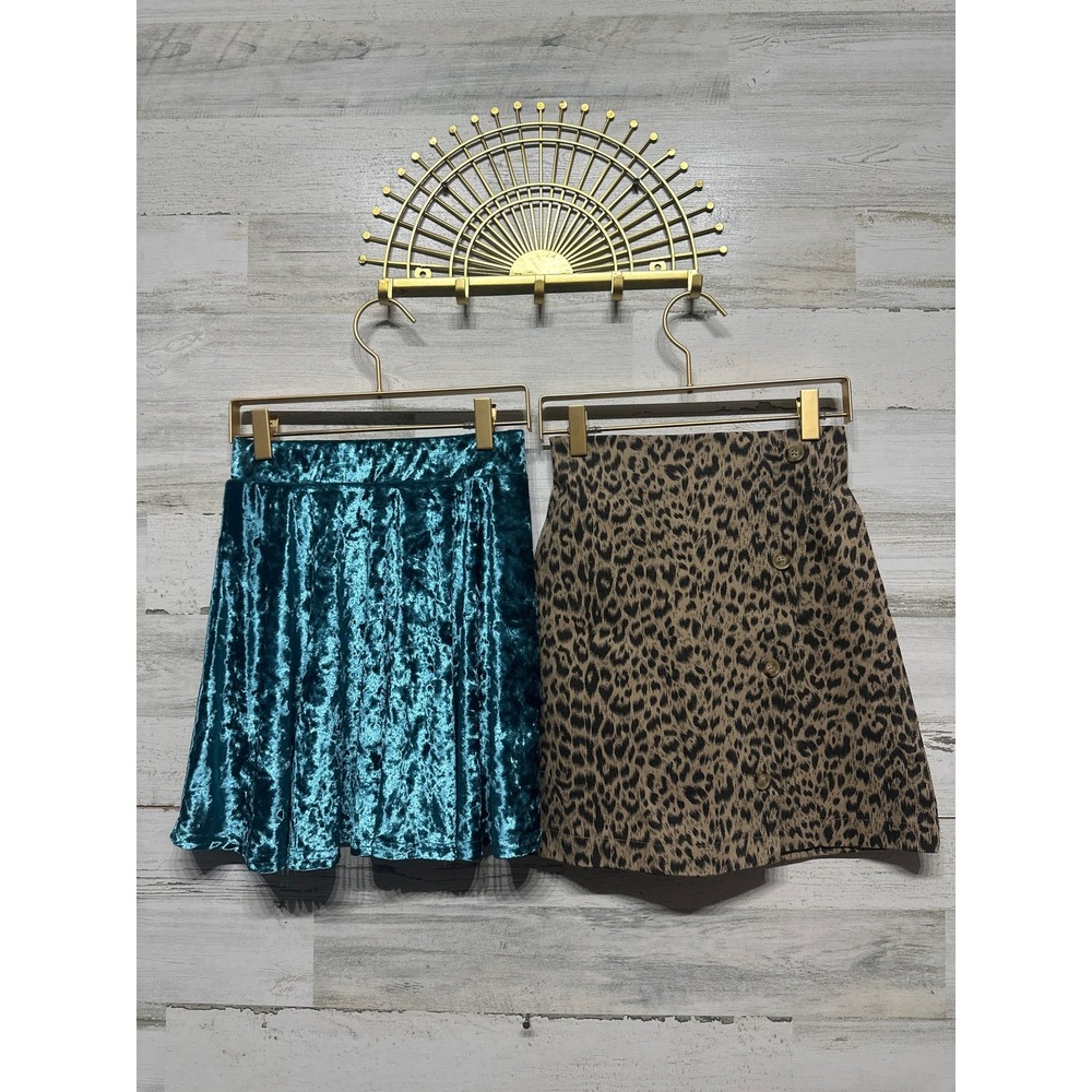 Kid Pik Skirt Lot Girls 12 Teal Leopard Velvet Animal Print Trendy GUC
